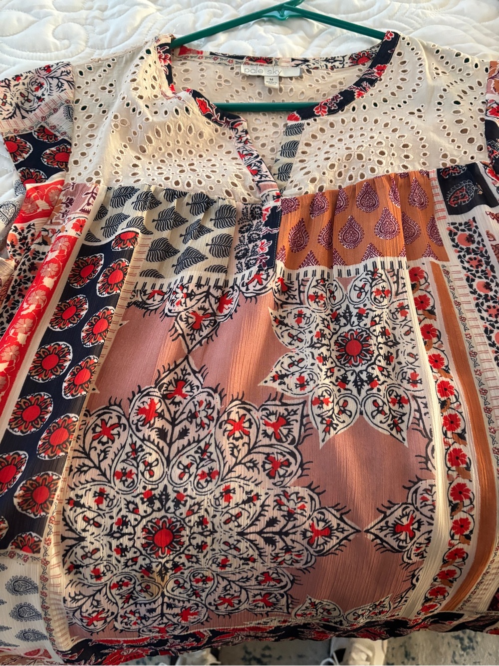 Pale Sky Cream Eyelet Blouse with Navy & Red Trim